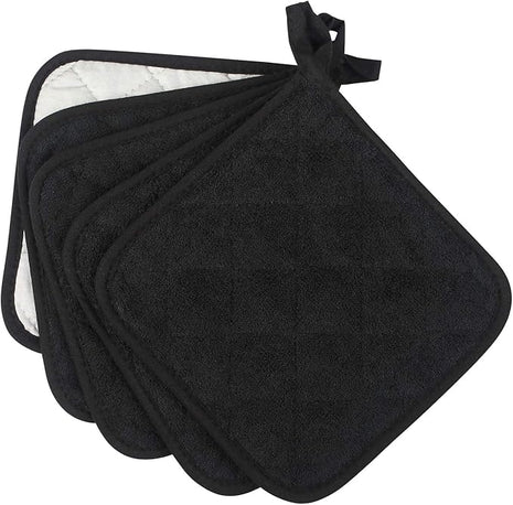100% Cotton Kitchen Everyday Basic Terry Pot Holder Heat Resistant Coaster Potholder for Cooking and Baking Set of 5 Black