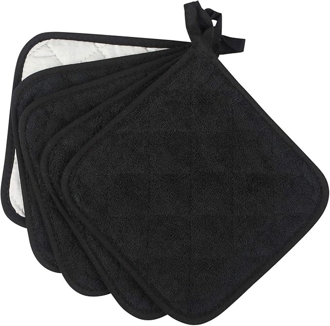 100% Cotton Kitchen Everyday Basic Terry Pot Holder Heat Resistant Coaster Potholder for Cooking and Baking Set of 5 Black