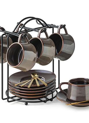 YHOSSEUN Espresso Cups 4 Oz, Porcelain Coffee Cups Set of 6 Espresso Cup with Saucers, Meatal Stand, and Stir Spoons, Brown Expresso Shots Cup