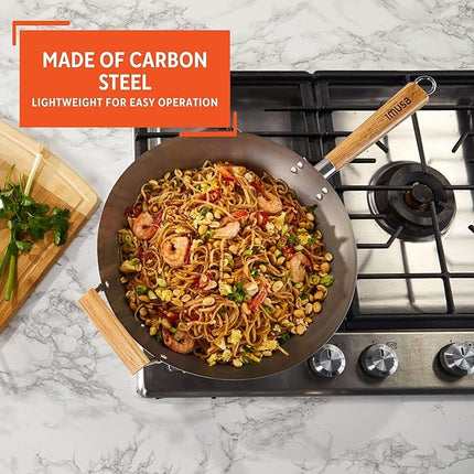 Imusa 14in Carbon Steel Wok with Wood Handles