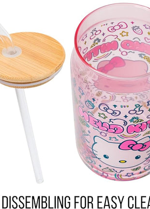 Silver Buffalo Sanrio Hello Kitty Neon Fruits Rainbows and Hearts Pattern Glass Jar Tumbler with Bamboo Lid and Glass Straw, 16 Ounces