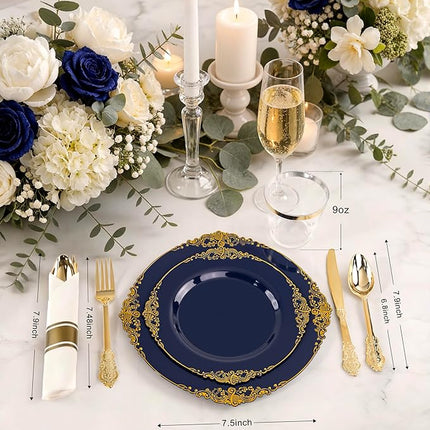 Nervure 350Pcs Blue Plastic Plates - Blue Gold Plastic Dinnerware Sets for 50 Guests - 100 Navy Gold Disposable Plates, 50 Pre Rolled Silverware, 50 Cups Perfect for Wedding & Party