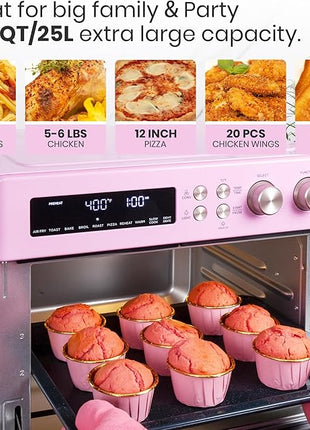 VAL CUCINA Retro Style Infrared Heating Air Fryer Toaster Oven, Extra Large Countertop Convection Oven 10-in-1 Combo, 6-Slice Toast, Enamel Baking Pan Easy Clean with Recipe Book, Classic Pink Color