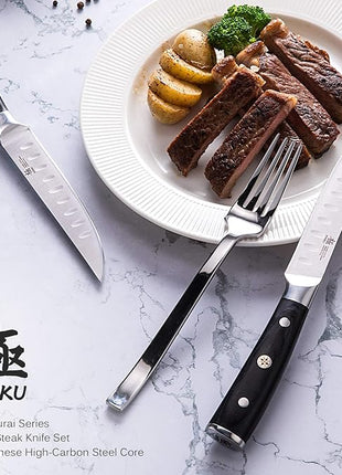 KYOKU Samurai Series - 5" Steak Knives Set of 4 with Sheath & Case - Full Tang - Japanese High Carbon Steel - Pakkawood Handle with Mosaic Pin (Japanese Steak Knife Set)