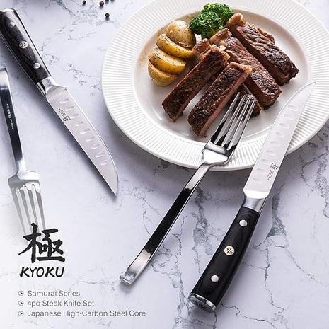 KYOKU Samurai Series - 5" Steak Knives Set of 4 with Sheath & Case - Full Tang - Japanese High Carbon Steel - Pakkawood Handle with Mosaic Pin (Japanese Steak Knife Set)