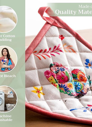 Maison d' Hermine Pot Holders Set 100% Cotton Heat Resistant Potholders 8" x 8" Hot Pads with Loop Cooking, Grilling, Kitchen, Handling Hot Pans Spring/Summer (Pack of 2, Happy Florals - High Summer)