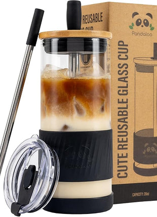 Pandaloo® Glass Cups With Lids and Straws -20 Fl Oz- Perfect Size Iced Coffee Cup - Smoothie Cup With Bamboo Lid and On the go Lid - Glass Tumbler With Straw (1 Count (Pack of 1), Black Saphir)