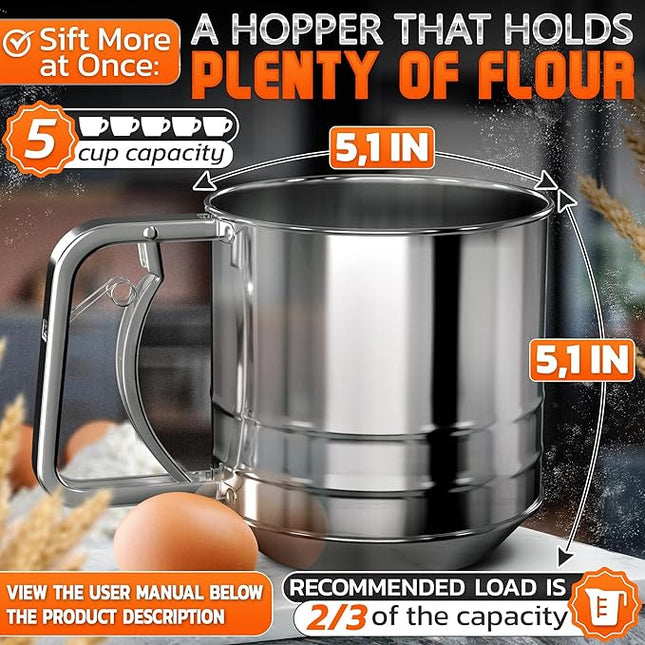 5 Cup Flour Sifter for Baking – Large Capacity Flour Sifter Stainless Steel with Double Mesh, Easy One-Hand Use & Dishwasher Safe – Baking Tools for Sifting Powdered Sugar, Cocoa & Christmas Cookies