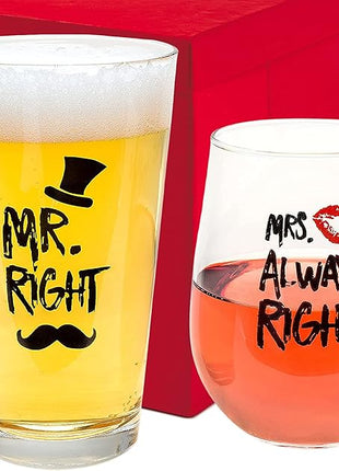 Funny Mr. Right and Mrs. Always Right Novelty Wine Glass and Beer Glass | Includes Fun, Stylish Gift Box | For Weddings, Engagement, Newlywed, Bachelorette, Anniversary, Couples Gifts