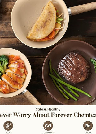 Kitchen Academy Induction Pots and Pans Set Non Stick - 12 Pieces Nonstick Kitchen Cookware Set, Granite Cooking Set Pots and Pans, Beige