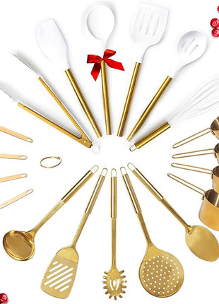 Gold Kitchen Utensils Set - 19-Piece Set Includes Stainless Steel Gold Utensils, White Silicone Tools, and Measuring Cups and Spoons - Luxury Kitchen Accessories for Modern Cooking, Serving, & Gifting