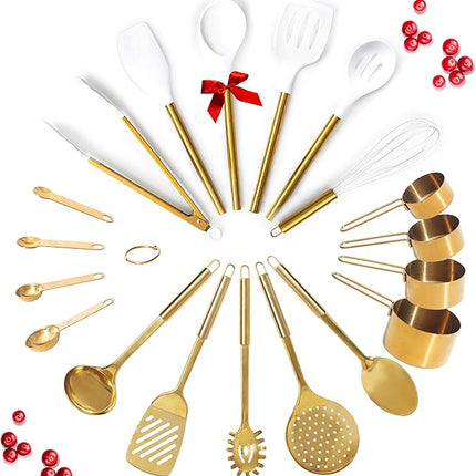 Gold Kitchen Utensils Set - 19-Piece Set Includes Stainless Steel Gold Utensils, White Silicone Tools, and Measuring Cups and Spoons - Luxury Kitchen Accessories for Modern Cooking, Serving, & Gifting