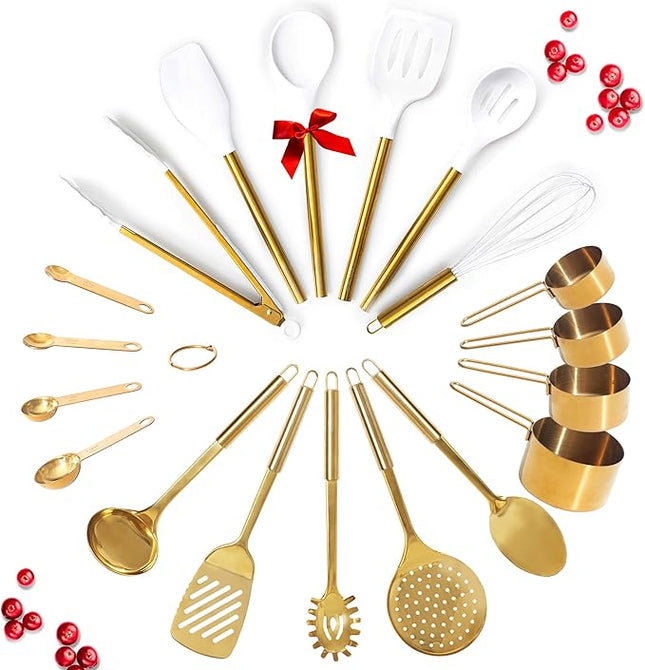 Gold Kitchen Utensils Set - 19-Piece Set Includes Stainless Steel Gold Utensils, White Silicone Tools, and Measuring Cups and Spoons - Luxury Kitchen Accessories for Modern Cooking, Serving, & Gifting