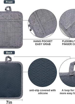 Pot Holders Yarn-Dyed Set of 3 Non Slip Silicone Kitchen Lines Heat Resistant 500℉ Kitchen Gloves BBQ Cooking Baking Women Men Cooking Barbecue Microwave Machine Washable (Gray Potholders)