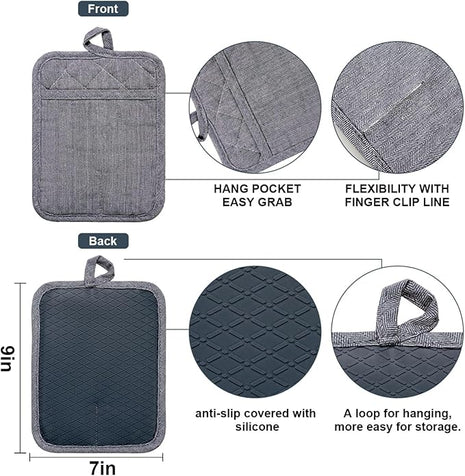 Pot Holders Yarn-Dyed Set of 3 Non Slip Silicone Kitchen Lines Heat Resistant 500℉ Kitchen Gloves BBQ Cooking Baking Women Men Cooking Barbecue Microwave Machine Washable (Gray Potholders)