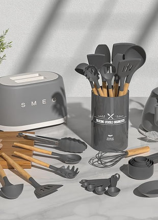 Umite Chef Kitchen Cooking Utensils Set, 33 pcs Non-stick Silicone Utensils Spatula Set with Holder, Wooden Handle Heat Resistant Silicone Kitchen Gadgets Utensil Set (Gray)
