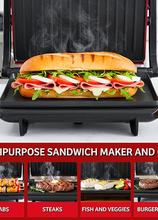 Panini Press - Sandwich Maker with Nonstick Plates - Indoor Countertop Grill for Cooking Burgers, Steak, Grilled Cheese, and More (Red)