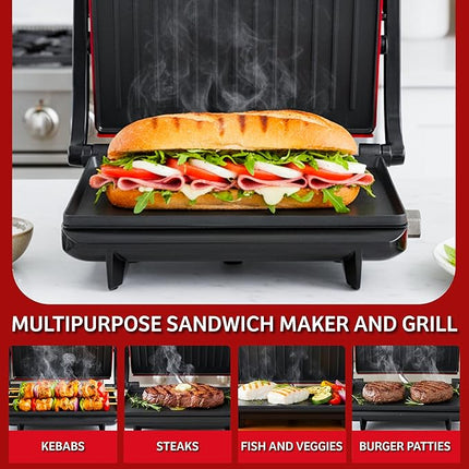 Panini Press - Sandwich Maker with Nonstick Plates - Indoor Countertop Grill for Cooking Burgers, Steak, Grilled Cheese, and More (Red)