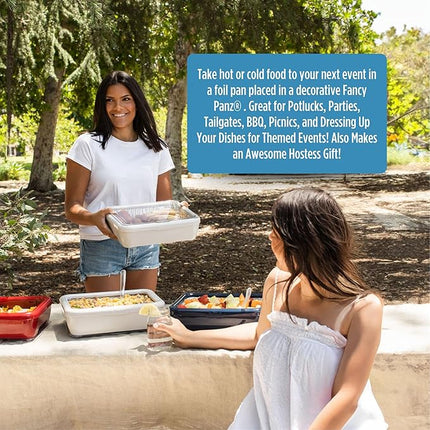 Fancy Panz - Blue Marble Premium Aluminum Foil Pan Carrier with Lid & Hot/Cold Pack - Elevated Food Serving Tray - Portable Casserole Carrier with Lid - Made in the USA Hosting Essentials