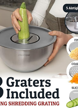 Priority Chef Stainless Steel Mixing Bowls with Lids Set, 3 Grater Attachments, Airtight Lids, Non-Slip Silicone Base Mixing Bowl Set, Large Prep Metal Mixing Bowls for Kitchen, Grey
