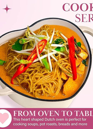 Paris Hilton Enameled Cast Iron Dutch Oven Heart-Shaped Pot with Lid, Dual Handles, Works on All Stovetops, Oven Safe to 500°F, 4-Quart, Cream