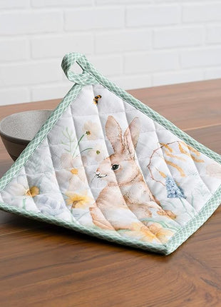 Maison d' Hermine 100% Cotton Oven Mitt & Pot Holder Set (7.5"x13" & 8"x8") Heat Resistant BBQ Cooking Gloves with Loop, Baking, Grilling, Kitchen, Handling Hot Pans Spring/Summer (Easter Dew)