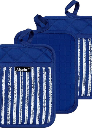 Silicone Pot Holders Set of 3 Heat Resistant & Non Slip Potholders, Professional Oven Hot Pads with Pockets Mitts for Kitchen Cooking Baking Barbecue (Cobait Blue, 3)