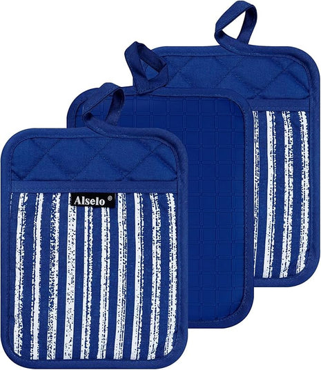 Silicone Pot Holders Set of 3 Heat Resistant & Non Slip Potholders, Professional Oven Hot Pads with Pockets Mitts for Kitchen Cooking Baking Barbecue (Cobait Blue, 3)