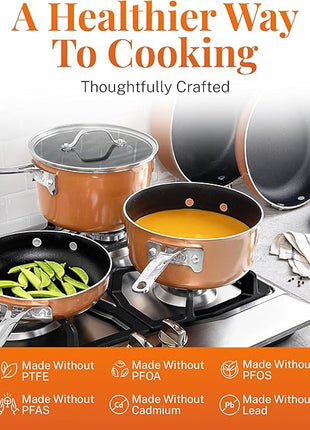 GOTHAM STEEL 10 Pc Copper Pots and Pans Set Non Stick Cookware Sets with Kitchen Utensils, Induction Ready, Non Toxic PFOA PFOS Free, Nesting Design for 50% Space Saving, Oven and Dishwasher Safe