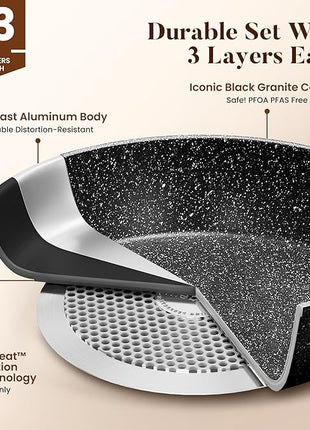 Kitchen Academy Induction Cookware Set-17 Piece Non-stick Cooking Pan Set, Black Granite Pots and Pans Set