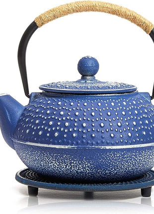 Juvale Cast Iron Teapot with Infuser - Blue, 27 oz (800 mL) - Stovetop Tea Kettle for Loose Leaf Tea - Includes Stainless Steel Infuser & Trivet