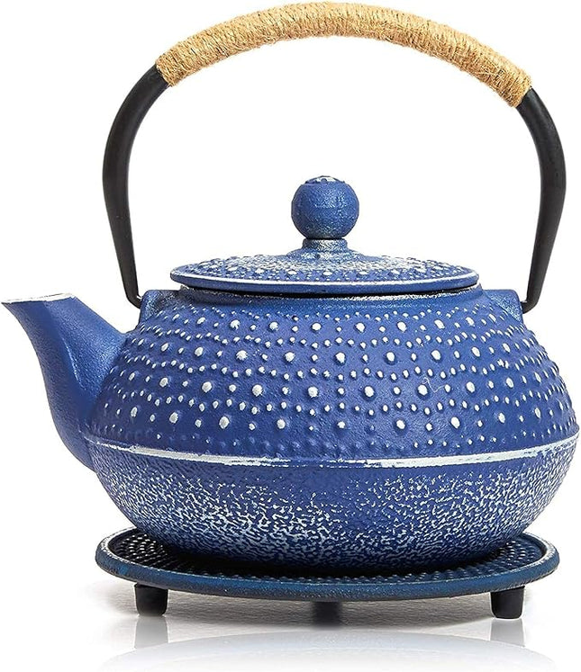 Juvale Cast Iron Teapot with Infuser - Blue, 27 oz (800 mL) - Stovetop Tea Kettle for Loose Leaf Tea - Includes Stainless Steel Infuser & Trivet