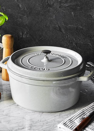 Staub Cast Iron 7-qt Round Cocotte - White Truffle, Made in France