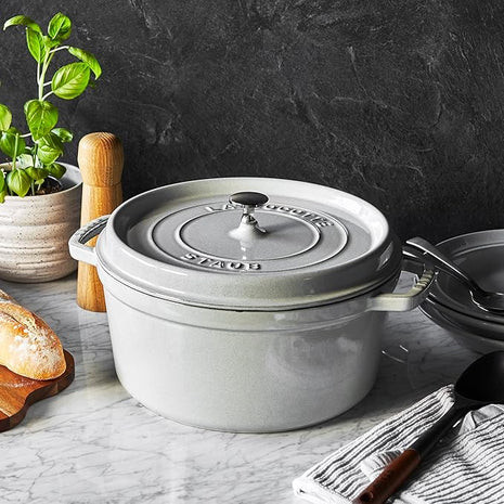 Staub Cast Iron 7-qt Round Cocotte - White Truffle, Made in France