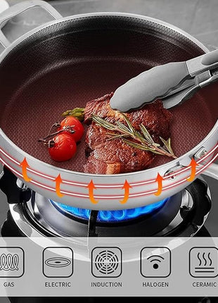 DELARLO Tri-Ply Stainless Steel 12 Inch Deep Frying Pan with lid,7QT Saute Pan Nonstick,Compatible with All Cooktops,Oven Up to 660℉,Chicken Fryer,Dishwasher-Friendly