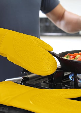BPA-Free Soft Silicone Oven Mitts - Ultra Heat Resistant Oven Mitts with Thick Cotton Liner - Long Slip Resistant Pot Holders, Flexible Oven Gloves - Yellow 13.7"