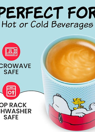 Silver Buffalo Peanuts Snoopy and Woodstock on House Blue Dot Background Ceramic Coffee Mug, 20 Ounces