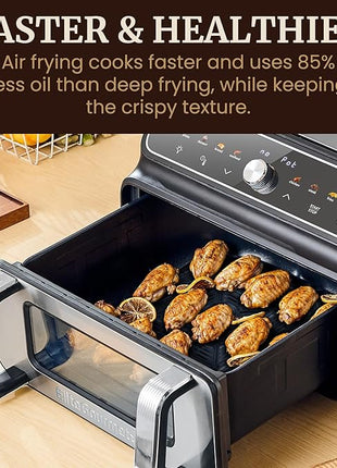 Elite Gourmet EAF2411G Digital Indoor Grill/Air Fryer Oven, 11L Capacity, Grill Rack, 8 Presets, Bake, Roast, Broil, Dehydrate, 1700-Watts, 25 Delicious Recipes, Stainless-Steel/Black