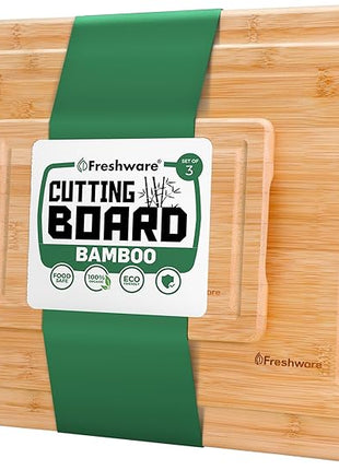 Freshware Wood Cutting Boards for Kitchen - Bamboo Cutting Board Set of 3, Cutting Boards with Juice Grooves, Serving Board Set, Chopping Board for Meat, Veggie, Easy Grip Handle (9x6", 12x8", 15x10")