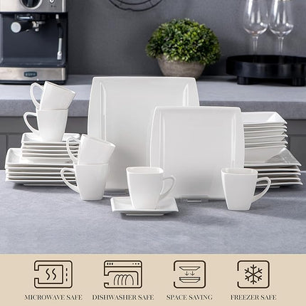 MALACASA Plates and Bowls Sets, Square Dinnerware Sets for 6 (30pcs), Series Blance
