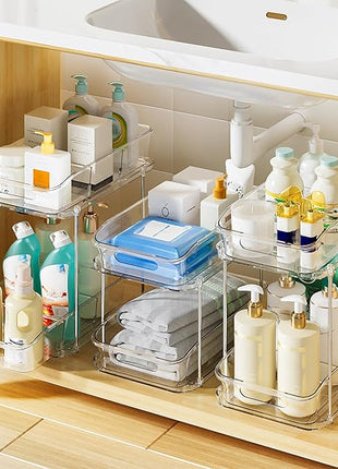 Delamu 2-Tier Under Sink Organizers and Storage, Multi-Purpose Stackable Bathroom Cabinet Organizers, Pull Out Kitchen Pantry Organization and Storage with Dividers(3 Pack, Clear)