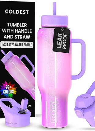 Coldest Tumbler with Handle and Straw, 100% Leak Proof Insulated Tumbler with Lid and Straw (3 Lids), Stainless Steel Tumblers for Women & Men, Cup Holder Friendly, 46 oz (Popsicle Dream)