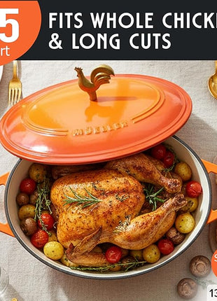MUELLER HOME 5.5 Quart Enameled Cast Iron Oval Dutch Oven w Rooster Knob & Cotton Potholders, Heavy-Duty Cookware, Oven-Safe up to 500° F & Across All Cooktops, Gifts for Grandma & Women, Orange