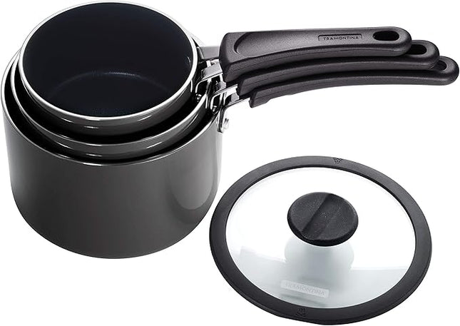 Tramontina Aluminum Non Stick 6-Piece Nesting Sauce Pan Set with Lids - Gray, Kitchen Nonstick Cookware Set, Dishwasher and Oven Safe