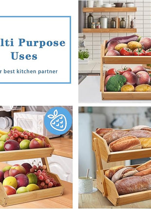 2 Tier Fruit Basket For Kitchen- Bamboo Fruit and Vegetable Storage Bowl Stand For Kitchen Countertop, , Produce Basket Fruit Holder for Potato, Onion, Bread, Snack Storage