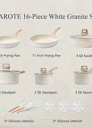 CAROTE 16 Piece Pots and Pans Set Nonstick, White Granite Cookware Sets Induction Cookware, Non Stick Cooking Set w/Frying Pans & Saucepans (PFOS, PFOA Free)