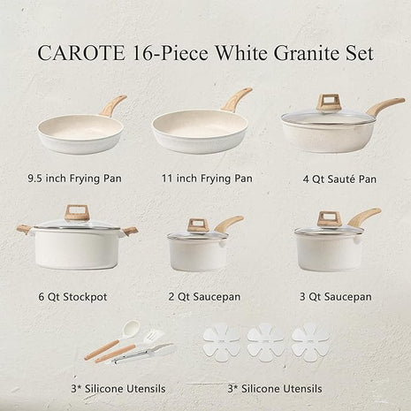 CAROTE 16 Piece Pots and Pans Set Nonstick, White Granite Cookware Sets Induction Cookware, Non Stick Cooking Set w/Frying Pans & Saucepans (PFOS, PFOA Free)