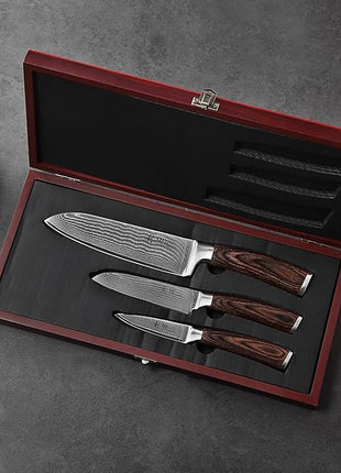 Wakoli EDIB 3-Piece Damascus Kitchen Knife Set in Wooden Gift Box – Sharp Knives Set made of Genuine Damascus Steel (VG10 Core) – Santoku, Small Santoku, & Pairing Knife – Ergonomic Pakkawood Handles