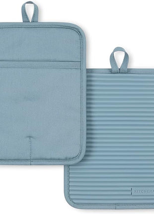 KitchenAid Ribbed Soft Silicone Pot Holder 2-Pack Set, Fog Blue, 7"x9"