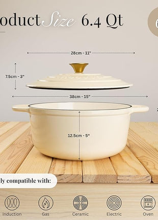 Nuovva Enamelled Cast Iron Dutch Oven Pot with Lid – 6.4 Quart Non Stick Casserole Pot – Heavy Duty & Oven Safe up to 500° F for Bread Baking, Braising, Stews, Roasting – 28cm Cream